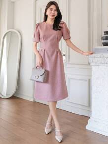 DAZY Vestido de verano de mujer de manga abultada con cuello redondo y unicolor - Rosa - Ver 7