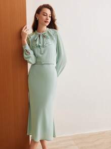 MOTF PREMIUM 打結領襯托燈籠袖荷葉邊連衣裙 - 綠色 - 查看 8