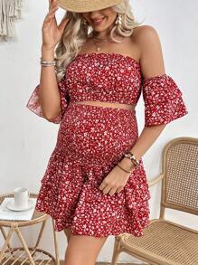 SHEIN Maternity Floral Off-Shoulder Top And Ruffle Hem Skirt Two-Piece Set - Burgundy - View 1