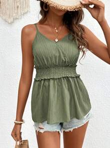 SHEIN Frenchy Họa Tiết Vải Nếp Nhăn Eo Thắt Dây Yếm Top - màu xanh lá - Xem 3