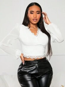 SHEIN SXY Contrast Lace Lantern Sleeve Crop Top - White - View 5