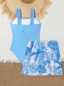 SHEIN Sparklyn 青少女純色單片式泳衣和熱帶印花遮陽裙