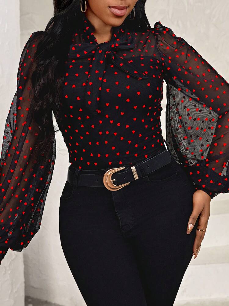 Heart Mesh Lantern Sleeve Top