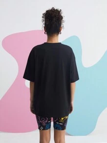 Mr Men Little Miss X SHEIN Cartoon Print Drop  Shoulder T-Shirt - Black - View 2