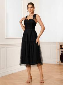 SHEIN Belle Contrast Mesh Layered Hem Cami Cocktail Party Dress - Black - View 4