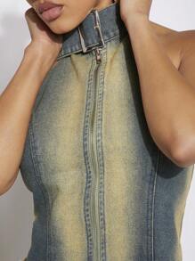 SHEIN Unity Washed Denim Sleeveless Jacket With Zipper Closure And Frayed Hem - Medium Wash - View 6