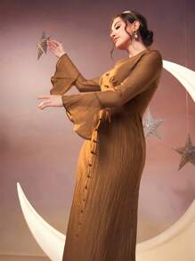 Modelyn Damen Arabisch inspiriertes langes Abendkleid mit Knopfverzierung und weiten Glockenärmeln, Lange Abendkleider - Braun - Übersicht 6