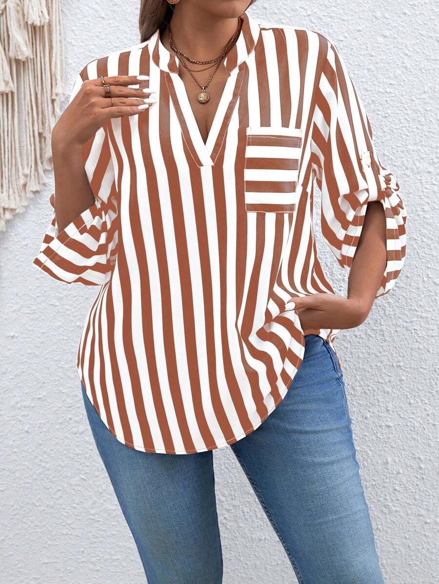 Calvaya Plus Size Summer Striped Patch Pocket Blouse With Notched Collar - Multicolor - View 1