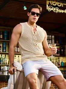 Manfinity RSRT Chaleco de crochet tejido informal para hombres con correas entrecruzadas y detalles de calado - Albaricoque - Ver 6