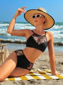 SHEIN Swim Contrast Patchwork Halter Neck Bikini Set, Two Pieces Bikini Swimwear Summer