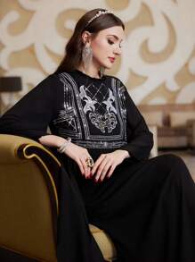 Layrah Women'S Glitter Patchwork Flare Sleeve Turkish Long Shirt Eid Dress, Elegant Luxury Evening Party Style Kaftan Jalabiya Dress - Black - View 4