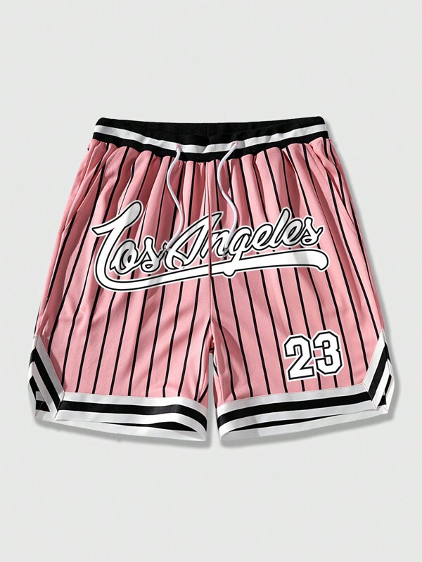 ROMWE MEN Prep Herren Sommer Sport gestreifte und bedruckte Shorts mit Kordelzug Taille, Mesh Basketball Shorts, Schulanfang