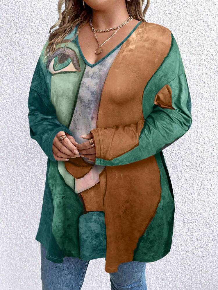 Plus Size Loose Abstract Print V-Neck Long Sleeve Graphic T Shirt