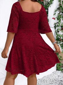 SHEIN Clasi Plus Size Lace V-Neck High Waist Dress, Burgundy Color Women Outfit