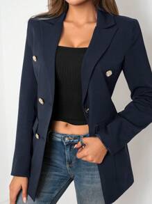EURMUSE Ladies' Double-Breasted Long Sleeve Suit Jacket - Navy Blue - View 4
