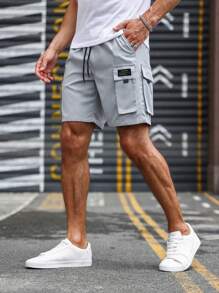 Manfinity Homme Men's Patch Drawstring Waist Cargo Shorts - Light Grey - View 4