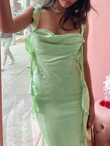 Women's Bodycon Mermaid Style Spaghetti Strap Backless Dress With Ruffle Hem - Green - View 6