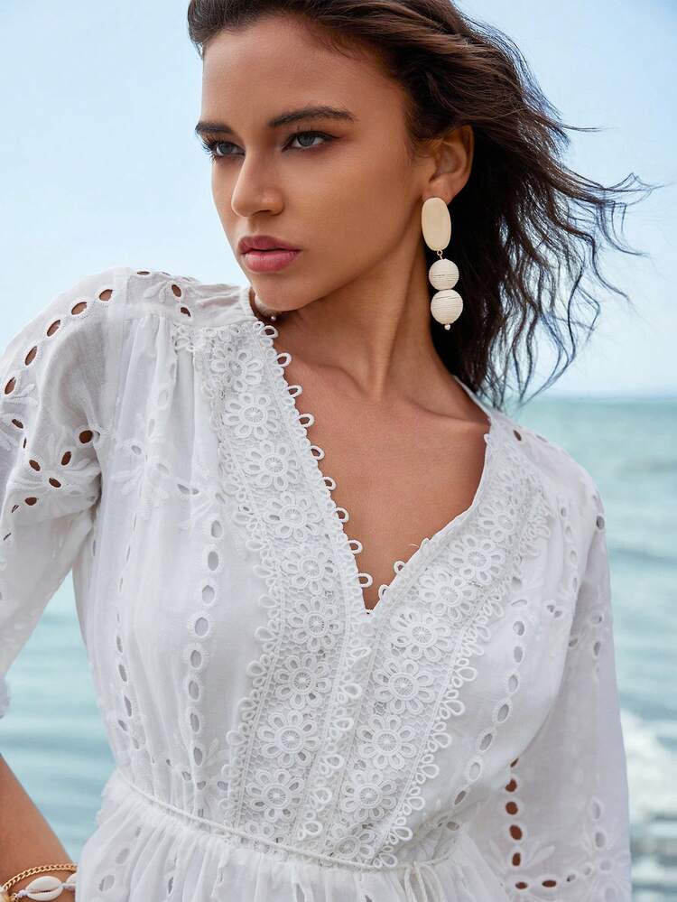 Anewsta Romantic Beach Style White Mid-Sleeve V-Neck Lace Splice Casual Dress With Waistbelt