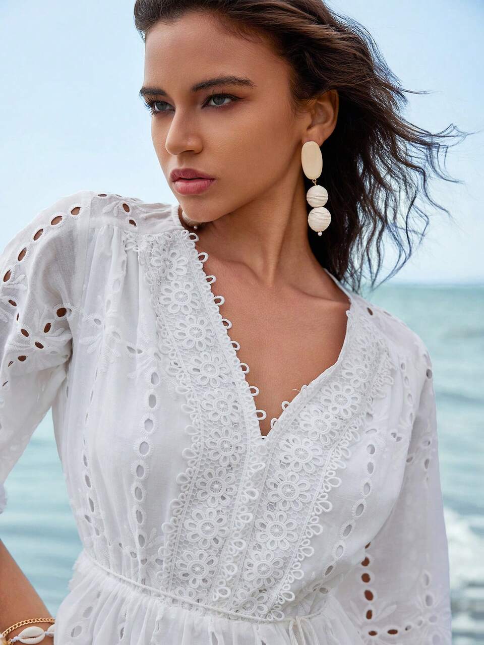 Anewsta Romantic Beach Style White Mid-Sleeve V-Neck Lace Splice Casual Dress With Waistbelt