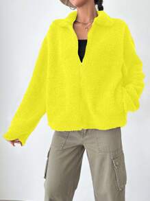SHEIN Cottnline Women's Solid Color Drop Shoulder Fluffy Jacket - Yellow - View 3
