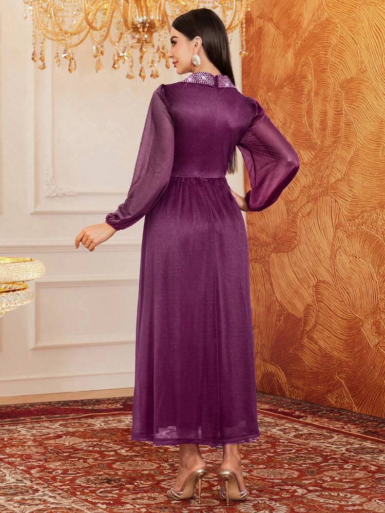 Patchwork Sheer Mesh V Neckline Waist Cinched Dress,Elegant Evening Party Dress Long Evening Dresses