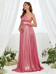 Faeriesty Dressalisa Maternity One Shoulder Floor Length Metallic Gown - Hot Pink - View 6