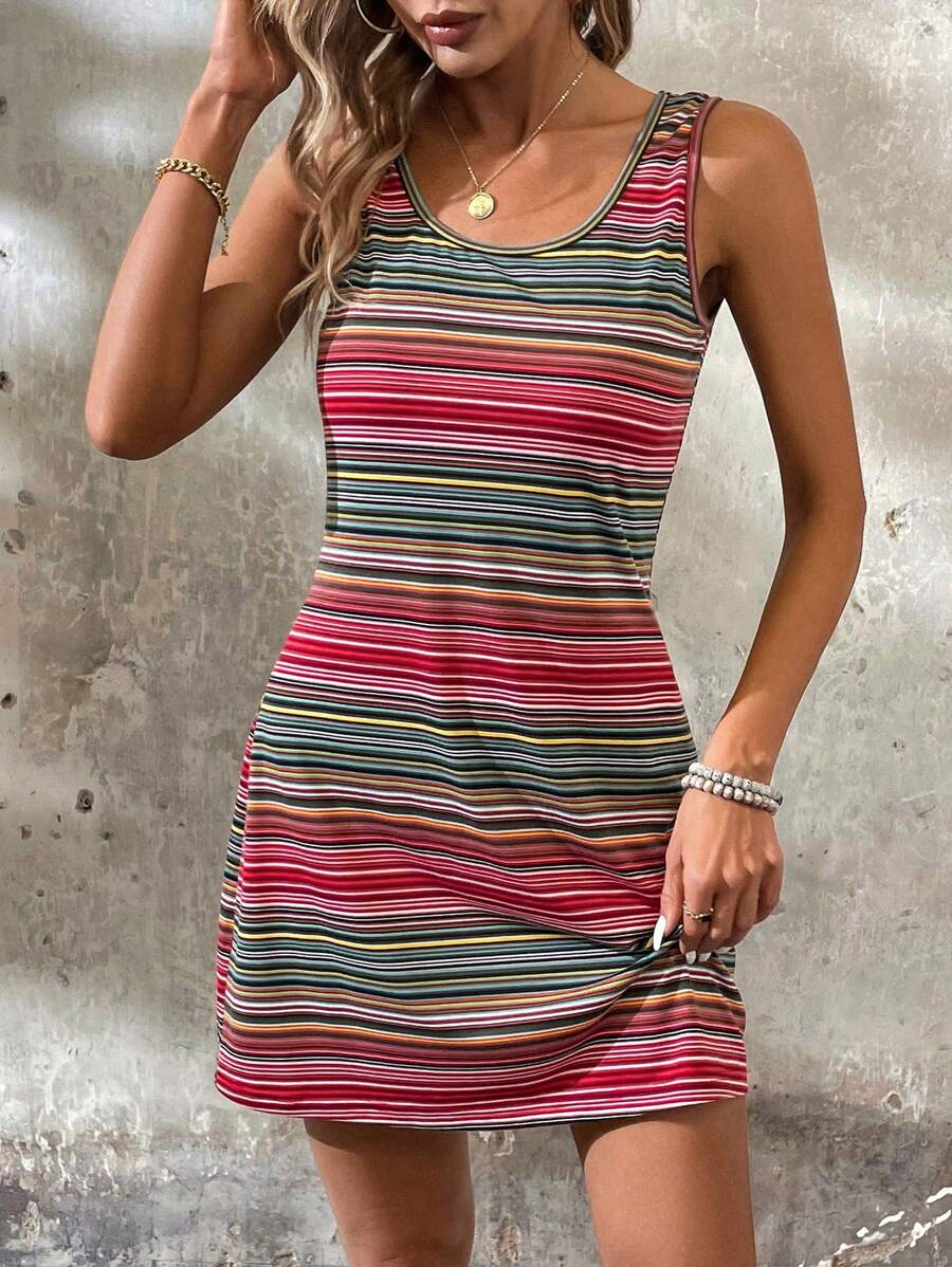 SHEIN LUNE 條紋圓領無袖休閒連衣裙 - 彩色 - 查看 1
