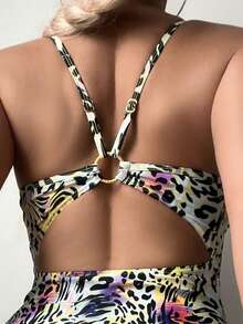 SHEIN Swim 女式豹紋淺灰色連肩泳衣 - 彩色 - 查看 4