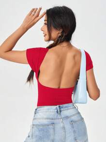 SHEIN MOD Áo thun nữ hở vai tay ngắn hở lưng đa năng thoải mái, phù hợp cho mùa hè - Đỏ - Xem 2