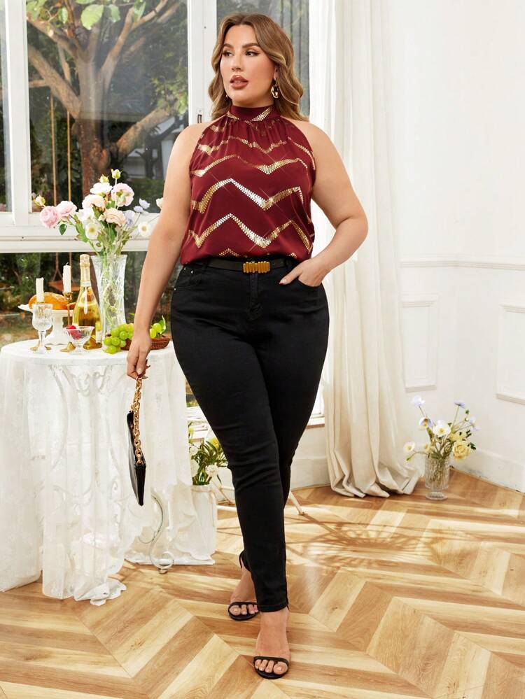 Plus Size Women's Gold Foil Waves Printed Halter Neck Blouse