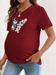 SHEIN 孕婦花蝴蝶印花常規肩短袖t恤 - 酒紅色 - 查看 3