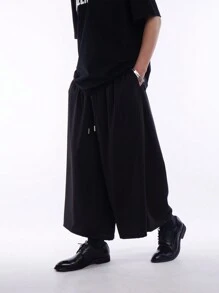 Chillumni 男士抽绳腰斜口袋裤 加大码长款褶皱男式纯黑色 秋季外出裤 - 黑色 - 查看 4