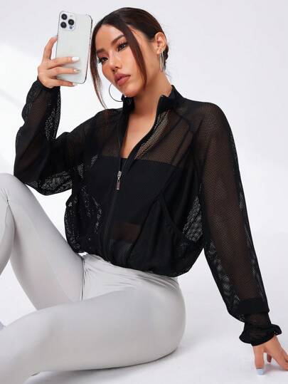 Easithlete Chaqueta De Cuello Alto Deportiva Para Mujer Con Malla Transparente Y Bolsillos, Chaqueta Deportiva De Manga Larga Para Correr, Hacer Ejercicio Y Actividades Al Aire Libre