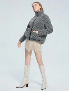 MIEGOFCE 女式休闲千鸟格立领长袖拉链夹克，冬季 - 黑與白 - 查看 3