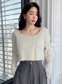 DAZY Áo thun nữ tay dài dáng rộng cổ tròn họa tiết màu trơn không đối xứng phía trước, quần áo mùa thu - Màu be - Xem 4