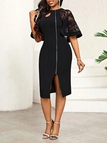 SHEIN Lady Vestido De Corte Entallado Con Cremallera Frontal, Panel De Encaje De Color Sólido Y Abertura En El Dobladillo Para Mujeres - Negro - Ver 3