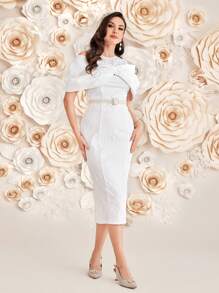 Modelyn 女士露肩連衣裙，大蝴蝶結裝飾 - 白色 - 查看 4