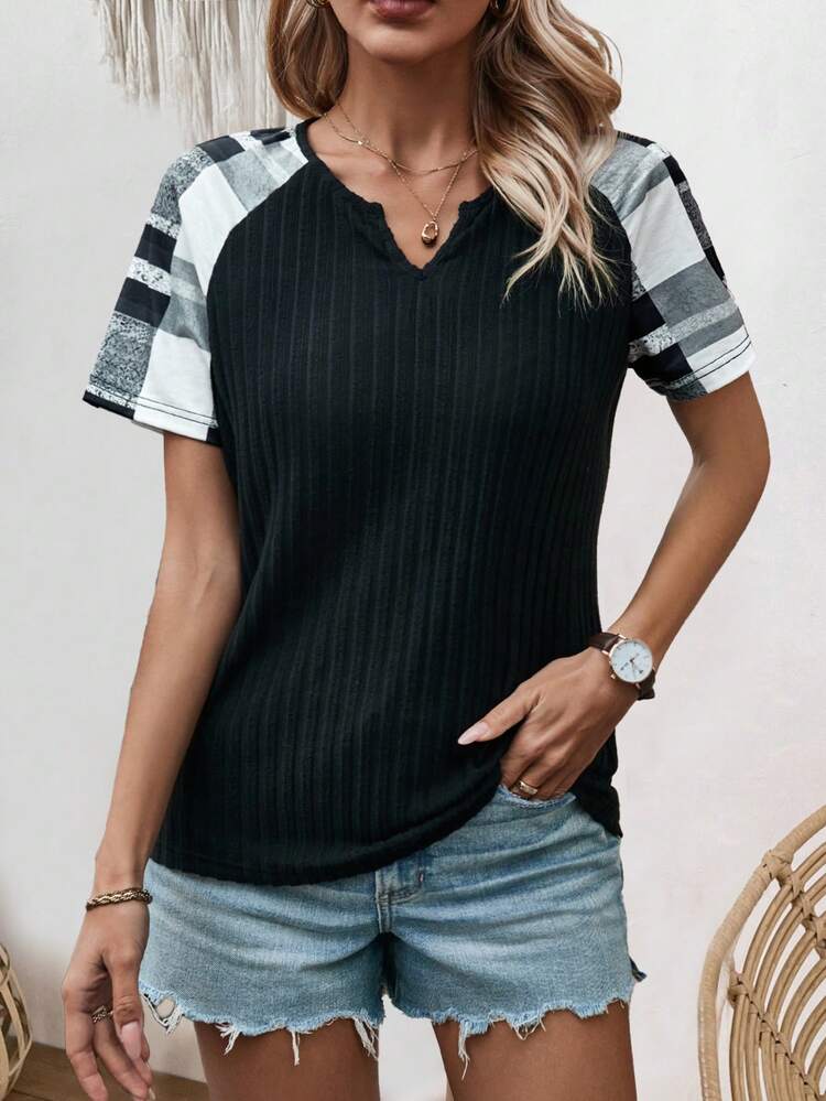 SHEIN LUNE Women's Round Neck Checked Print T-Shirt With Raglan Sleeve - Multicolor - View 4