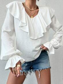 RueChic Ruffle Draped Neck In Glitter Printed Elastic Textured Fabric With Elastic Cuffs Elegant Leisure Style - White - View 3