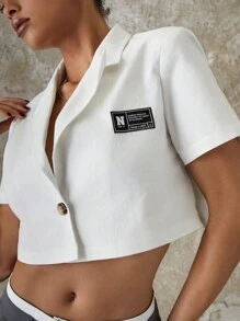 SHEIN EZwear Plaid Pattern Detail Cropped Blazer Jacket - White - View 3