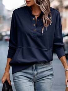 SHEIN LUNE Sudadera con bolsillo tipo canguro, manga larga y cierre de botones hasta la mitad - Azul Marino - Ver 3