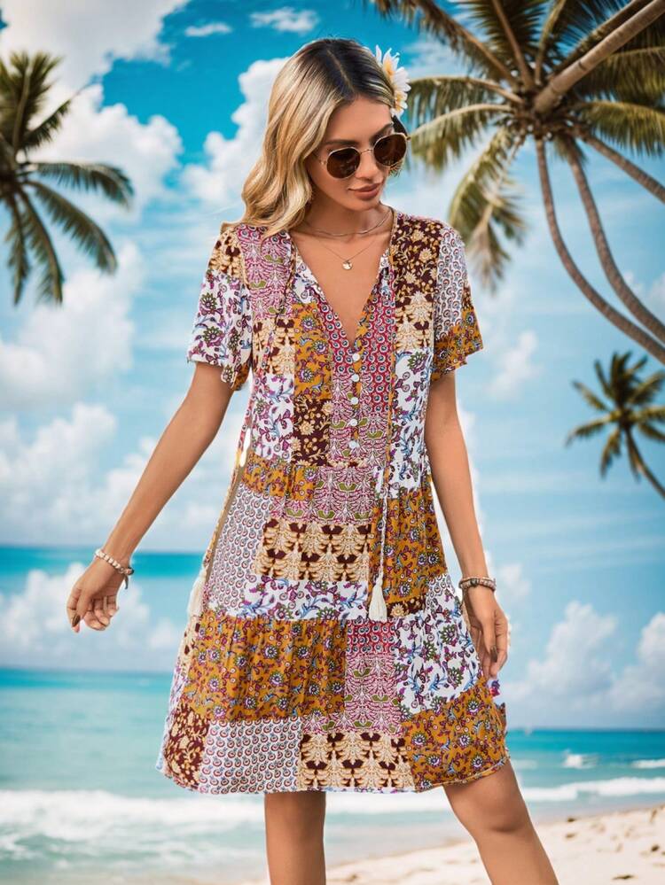 Women's Patchwork Printed Fringe Tie Belt Dress