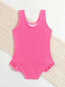 SHEIN Baby Girl Solid Pink Textured One Piece Swimsuit For Summer, Beach, Swimming Pool - Hot Pink - View 2