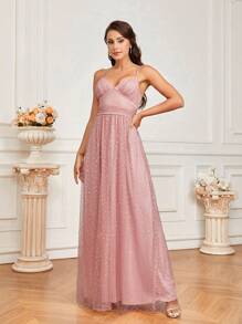 SHEIN Belle Váy phù dâu Với Lung linh Long lanh Lưới , Eo Ruched , Kết cườm Đồ trang trí Và Dây đai - Bụi hồng - Xem 4