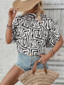 SHEIN LUNE Women's Stand Collar Batwing Sleeve Blouse With Random Print - Black and White - View 4
