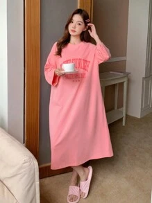 DAZY Casual Home Dress With Letter Printed Pattern Summer, Moo Moo Pajama - Pink - View 5