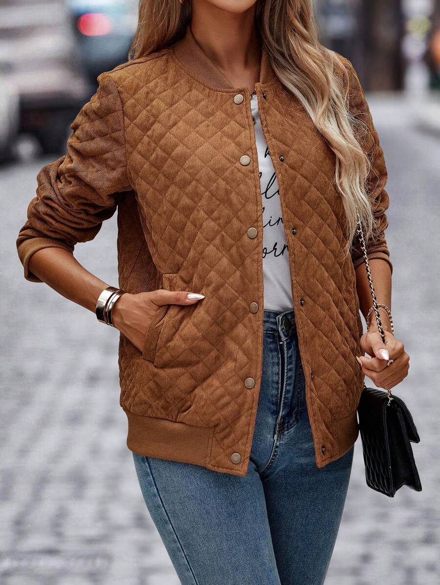 SHEIN Clasi Lutande Fickor Quiltad Bomberjackor - Brun - Visa 1