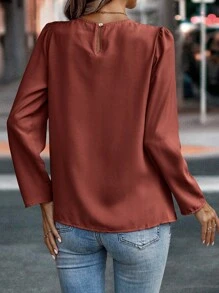 EMERY ROSE Solid Plicated Detail Puff Sleeve Blus, Långärmade Toppar - Rostad brun - Visa 2