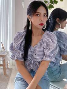 DAZY Camisa corta de mujer con hombros descubiertos, mangas cortas, cordón de ajuste y volantes de cuadros - Azul - Ver 6