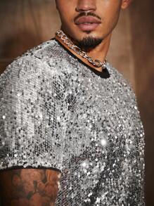 Manfinity VCAY Men's Glitter Contrast Color Round Neck Short Sleeve T-Shirt - Silver - View 1
